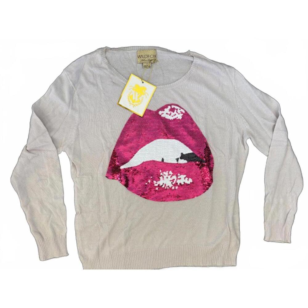 NWT New Wildfox "White Label" Sequin Make Out Kiss Lips Angora Sweater Large